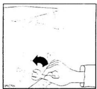 Simple line drawing of a hand holding a small object with an arrow, no text or symbols present