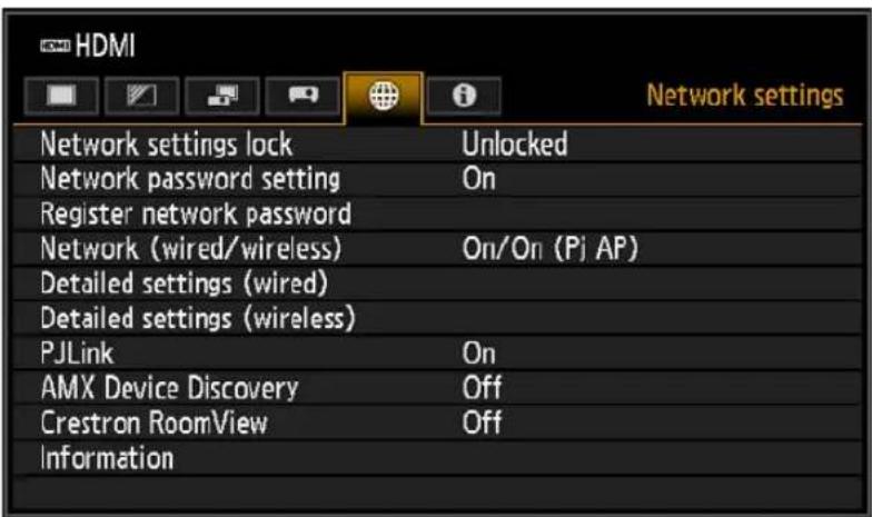 HDMI Network settings lock Unlocked Network password setting On Register network password Network (wired/wireless) On/On (Pj AP) Detailed settings (wired) Detailed settings (wireless) PJLink On AMX Device Discovery Off Crestron RoomView Off Information