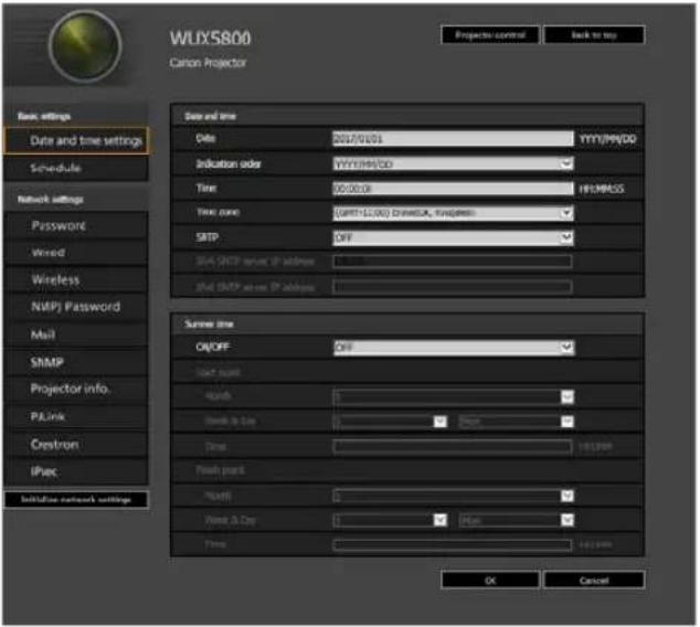 WLXS800 Carbon Projector Projector control Back to top Time, settings Date and time settings Schedule Network settings Password Wired Wireless NMP Password Mail SHMP Projector info. PALink Crestron iPec Initiative network settings Date and time Date 2017/01/03 YYYY/MM/DD Indication order YYYY/MM/DD Time 00:00:00 19:19:00:00 Time zone:(GPT-12.00) Draw(DA, Find(dash) SMTP OFF SMA SMTP server IP address SMA SMTP server IP address Screen time OK/OFF OFF Last size Width 1 Width & Size 2 Time 14:59:49 Finish point Width 1 Width & Size 2 Time 14:59:49 OK Cancel