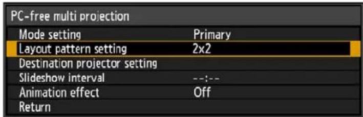 PC-free multi projection Mode setting Primary Layout pattern setting 2x2 Destination projector setting Slideshow interval --:-- Animation effect Off Return