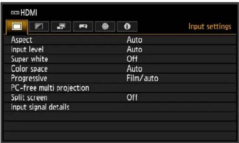 HDMI Input settings Aspect Auto Input level Auto Super white Off Color space Auto Progressive Film/auto PC-free multi projection Split screen Off Input signal details