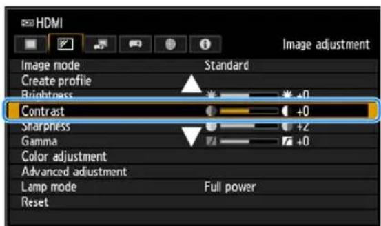 HDMI Image mode Create profile Brightness Contrast Sharpness Gamma Color adjustment Advanced adjustment Lamp mode Reset Standard +0 +2 +0 Full power Image adjustment
