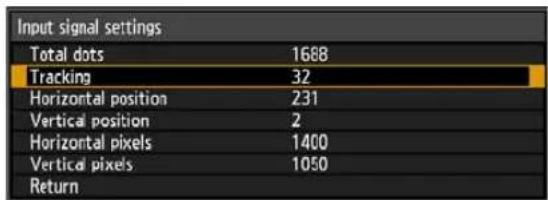 Input signal settings Total dots 1688 Tracking 32 Horizontal position 231 Vertical position 2 Horizontal pixels 1400 Vertical pixels 1050 Return