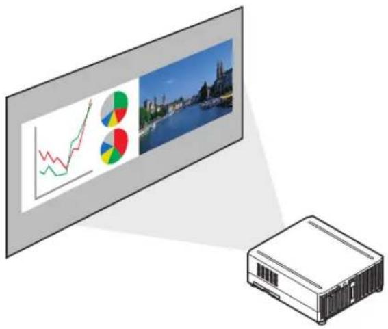 Diagram showing a projector with a display screen displaying three charts and color-coded pie charts, alongside a 3D model.