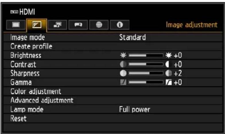 HDMI Image adjustment Image mode Standard Create profile Brightness +0 Contrast +0 Sharpness +2 Gamma +0 Color adjustment Advanced adjustment Lamp mode Full power Reset