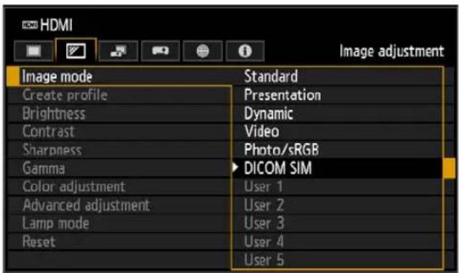HDMI Image adjustment Image mode Create profile Brightness Contrast Sharpness Gamma Color adjustment Advanced adjustment Lamp mode Reset Standard Presentation Dynamic Video Photo/sRGB DICOM SIM User 1 User 2 User 3 User 4 User 5