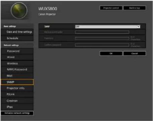 WUXS800 Canon Projector Base settings Date and time settings Schedule Network settings Password Wired Wireless NMPJ Password Mail SNMP Projector info. PJlink Crestron IPiec Initiate network settings SNP SP Wireless currently Password Cotton password SP Cotton (Cotton) OK Cancel