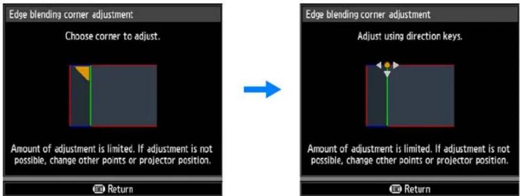Edge blending corner adjustment Choose corner to adjust. Amount of adjustment is limited. If adjustment is not possible, change other points or projector position. Return Edge blending corner adjustment Adjust using direction keys. Amount of adjustment is limited. If adjustment is not possible, change other points or projector position. Return