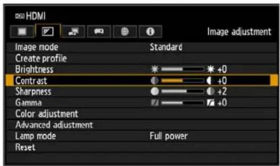 HDMI Image adjustment Image mode Standard Create profile Brightness * +0 Contrast ● +0 Sharpness ● +2 Gamma # +0 Color adjustment Advanced adjustment Lamp mode Full power Reset