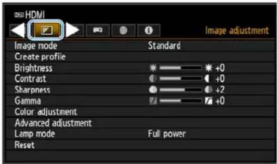 HDMI Image mode Standard Create profile Brightness * +0 Contrast +0 Sharpness +2 Gamma +0 Color adjustment Advanced adjustment Lamp mode Full power Reset