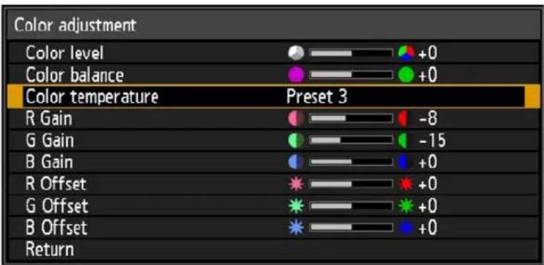 Color adjustment Color level Color balance Color temperature R Gain G Gain B Gain R Offset G Offset B Offset Return +0 +0 Preset 3 -8 -15 +0 +0 +0 +0 +0