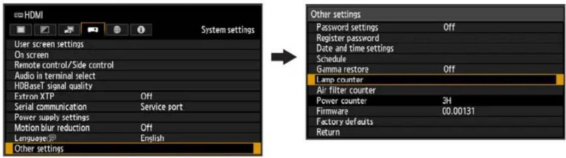 HDMI System settings User screen settings On screen Remote control/Side control Audio in terminal select HDBaseT signal quality Extron XTP Off Serial communication Service port Power supply settings Motion blur reduction Off Language English Other settings Other settings Password settings Off Register password Date and time settings Schedule Gamma restore Off Lamp counter Air filter counter Power counter 3H Firmware 00.00131 Factory defaults Return