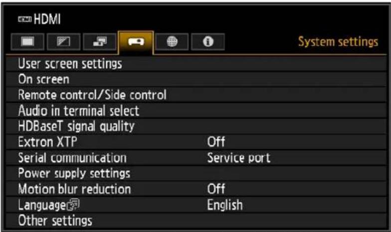HDMI System settings User screen settings On screen Remote control/Side control Audio in terminal select HDBaseT signal quality Extron XTP Off Serial communication Service port Power supply settings Motion blur reduction Off Language English Other settings