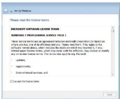 Set Up Windows Please read the license terms. MICROSOFT SOFTWARE LICENSE TERMS WINDOWS / PROFESSIONAL SERVICE PACK 1 These license terms are an agreement between Microsoft Corporation (or based on where you live, one of its affiliates) and you. Please read them. They apply to the software named above, which includes the media on which you received it, if any. Printed-paper license terms, which may come with the software, may replace or modify any otherwise. The terms also apply to any Microsoft • updates, • supplements, • Internet-based services, and □ Accept the license terms Hind