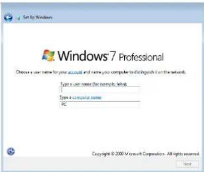 Set Up Windows Windows 7 Professional Choose a user name for your account and name, you computer to distinguish it on the network. Type a user name (for example, Web) Type a computer name PC Copyright © 2008 Microsoft Corporation. All rights reserved. New