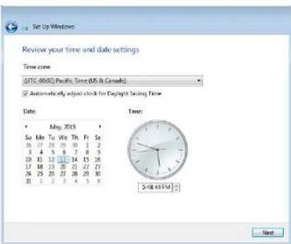 Set Up Windows Review your time and date settings Time zone UTC 39000 Pacific Time (UK & Canada) Automatically adjust clock for Daylight Saving Time Date: May 2015 Su Me Tu We Th Fr Sa 25 17 22 25 30 1 2 3 4 5 6 7 8 9 10 11 12 13 14 15 20 17 18 19 20 21 22 23 26 25 26 27 28 29 30 31 1 2 3 4 5 6 Time: S:08:45PM Next