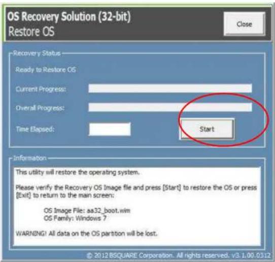 OS Recovery Solution (32-bit) Restore OS Close Recovery Status — Ready to Restore OS Current Progress: Overall Progress: Time Elapsed: Start Information — This utility will restore the operating system. Please verify the Recovery OS Image file and press [Start] to restore the OS or press [Exit] to return to the main screen: OS Image File: aa32_boot.wim OS Family: Windows 7 WARNING! All data on the OS partition will be lost. © 2012 BSQUARE Corporation. All rights reserved. v3.1.00-0312