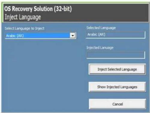 OS Recovery Solution (32-bit) Inject Language Select Language to Inject Arabic (AR) Selected Language Arabic (AR) Injected Language Inject Selected Language Show Injected Languages Cancel
