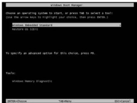 Windows Boot Manager Choose an operating system to start, or press TAB to select a tool: (use the arrow keys to highlight your choice, then press ENTER.) Windows Rebeeded Standard Restore OS 32bit To specify an advanced option for this choice, press PB. Tools: Windows Memory Diagnostic ENTER=Choose TAB=Menu ESC=Cancel