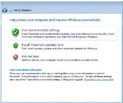 Help protect your computer and improve Windows automatically Use recommended settings Install important and recommended updates, help make Internet browsing safer, check online for solutions to problems, and help Microsoft improve Windows. Install important updates only Only install security updates and other important updates for Windows Ask me later Until you decide, your computer might be vulnerable to security threats. Learn more about key options When you use recommended settings or install updates only, some information is sent to Microsoft. The information is not used to identify you or contact you. To turn off these settings later, search for "Turn off recommended setting" in Help and Support. Read the answer statement