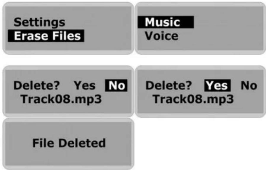 Settings Erase Files Music Voice Delete? Yes No Track08.mp3 Delete? Yes No Track08.mp3 File Deleted