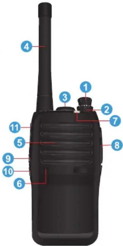 Labeled diagram of a walkie-talkie with numbered parts for identification