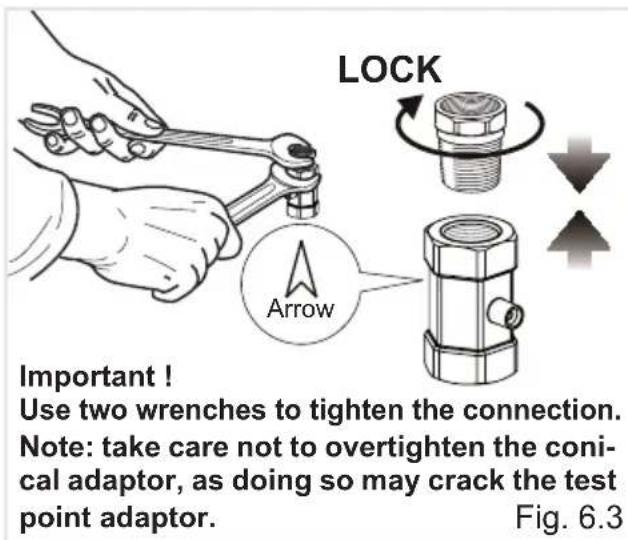LOCK Arrow Important ! Use two wrenches to tighten the connection. Note: take care not to overtighten the conical adaptor, as doing so may crack the test point adaptor. Fig. 6.3
