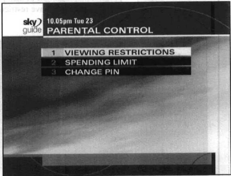 sky guide 10.05pm Tue 23 PARENTAL CONTROL 1 VIEWING RESTRICTIONS 2 SPENDING LIMIT 3 CHANGE PIN