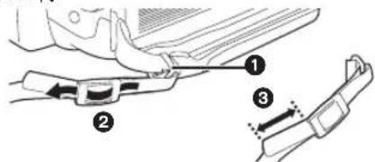 Technical diagram showing a belt buckle assembly with labeled parts 1, 2, and 3