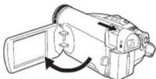 Line drawing of a digital camera with an arrow indicating rotation (no text or symbols)