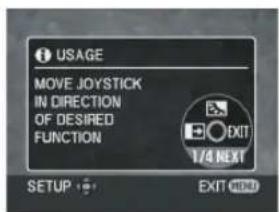 USAGE MOVE JOYSTICK IN DIRECTION OF DESIRED FUNCTION EXIT 1/4 NEXT SETUP EXIT ⬤