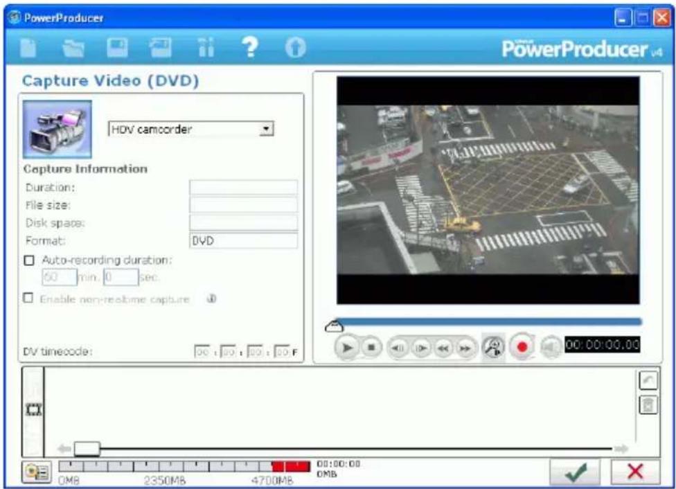 PowerProducer Capture Video (DVD) HDV camcorder Capture Information Duration: File size: Disk space: Format: DVD Auto-recording duration: 60 min. 0 sec. Enable non-recibo capture DV timecode: 00:00:00.00 00:00:00 OMB 2350MB 4700MB OMB