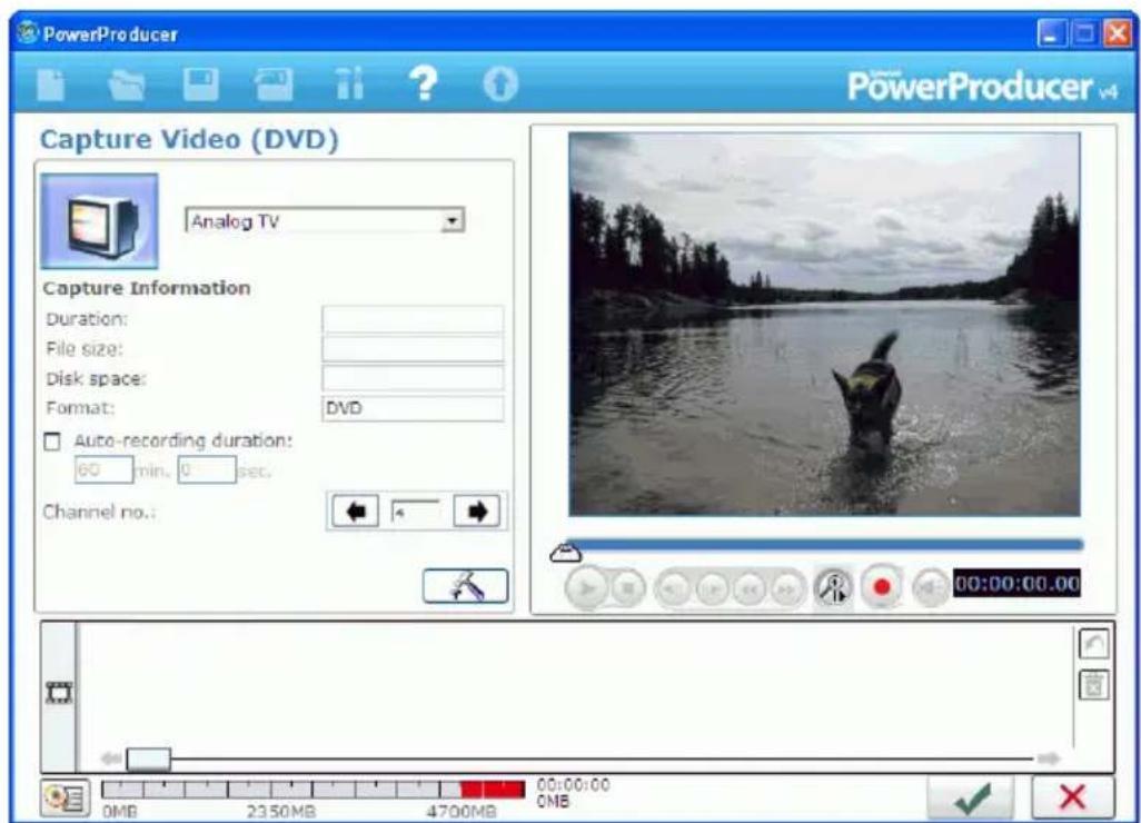 PowerProducer Capture Video (DVD) Analog TV Capture Information Duration: File size: Disk space: Format: DVD Auto-recording duration: 60 min. 0 set. Channel no.: 00:00:00.00 0MB 2350MB 4700MB 00:00:00 0MB
