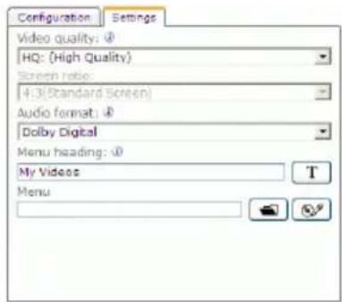 Configuration Settings Video quality: HQ: (High Quality) Screen robe: 4.3(Standard Screen) Audio format: Dolby Digital Menu heading: My Videos T Menu