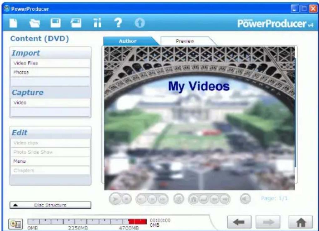 PowerProducer PowerProducer v4 Content (DVD) Import Video Files Photos Capture Video Edit Video clips Photo Slide Show Menu Chapters Author Preview My Videos Page: 1/1 Disc Structure 0MB 2350MB 4700MB 00:00:00 CMB