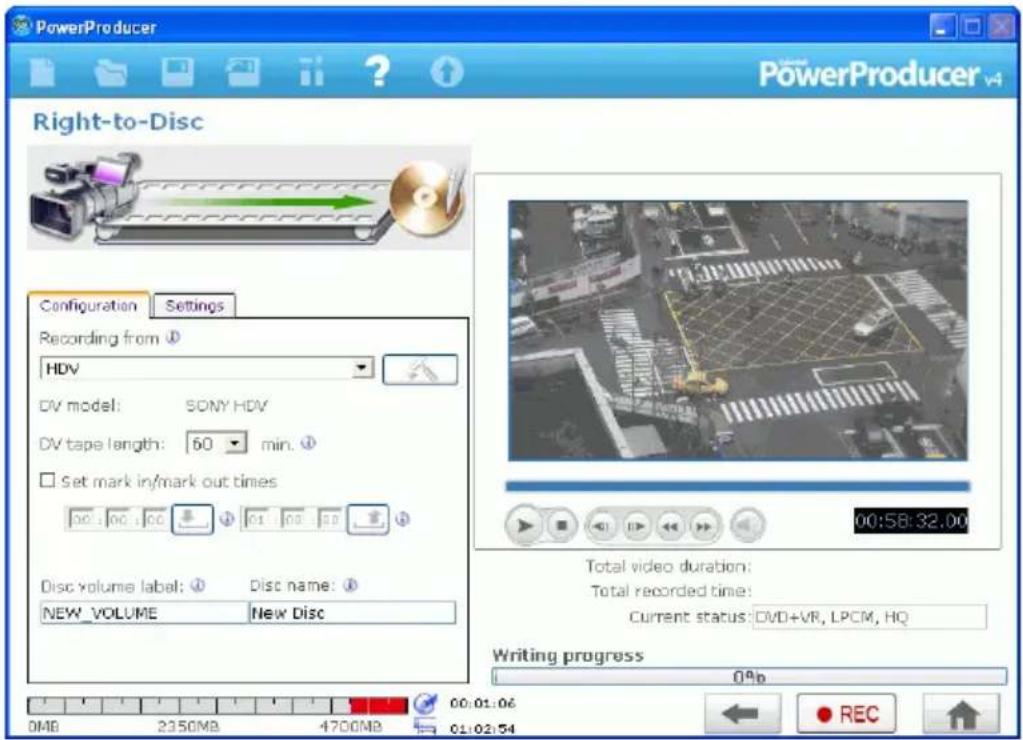 PowerProducer Right-to-Disc Configuration Settings Recording from ① HDV DV model: SONY HDV DV tape length: 60 min. ① Set mark in/mark out times 00:58:32.00 Disc volume label: ① Disc name: ① NEW VOLUME New Disc Total video duration: Total recorded time: Current status: DVD+VR, LPCM, HQ Writing progre…