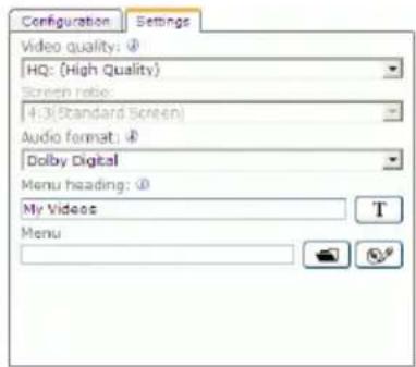 Configuration Settings Video quality: @ HQ: (High Quality) Screen size: 4:3(Standard Screen) Audio format: @ Dolby Digital Menu heading: @ My Videos T Menu
