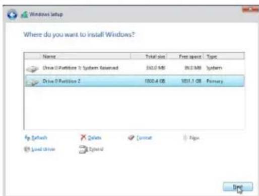 Windows setup Where do you want to install Windows? Name Total slot Frost space Type One 0 Partition 2 System Server 362.0 MB 362.0 MB System Drive 0 Partition 2 1000.4 GB 1001.1 GB Primary Up Refresh Delete Cancel Help Load Drive Options Next