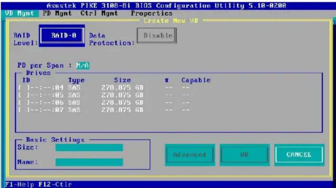 Asustek PIKE 3108-81 BIOS Configuration Utility 5.10-0200 UD Mgmt PD Mgmt Ctrl Mgmt Properties Create New UD RAID BAID-0 Data Disable Level: Protection: PD per Span : N/A Drives ID Type Size # Capable [ ]---:---:04 SAS 270.875 GB -- -- [ ]---:---:05 SAS 270.875 GB -- -- [ ]---:---:06 SAS 278.875 GB…