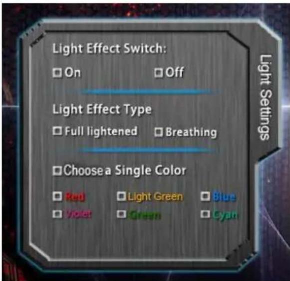 Light Effect Switch: On Off Light Effect Type Full lightened Breathing Choose a Single Color Red Light Green Byan Violet Green Cyan