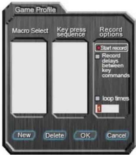 Game Profile Macro Select Key press sequence Record options Start record Record delays between key commands loop times New Delete OK Cancel