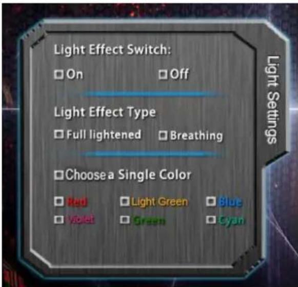 Light Effect Switch: On Off Light Effect Type Full lightened Breathing Choose a Single Color Red Light Green Byan Violet Green Cyan