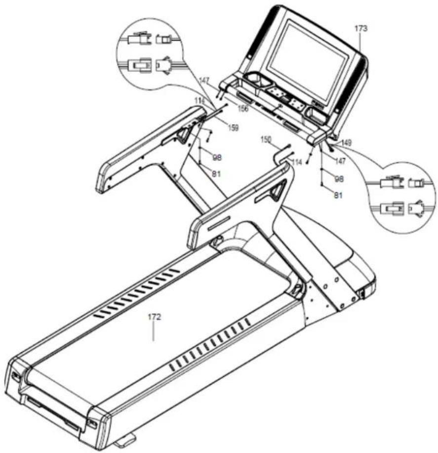 Technical diagram of a treadmill with labeled parts and component annotations in Chinese