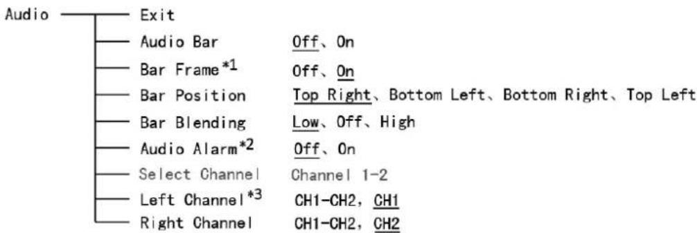 Audio Exit Audio Bar Off、On Bar Frame*1 Off、On Bar Position Top Right、Bottom Left、Bottom Right、Top Left Bar Blending Low、Off、High Audio Alarm*2 Off、On Select Channel Channel 1-2 Left Channel*3 CH1-CH2, CH1 Right Channel CH1-CH2, CH2