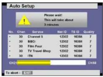 Auto Setup Please wait! This will take about 3 minutes No. Chan Service Net ID TS ID Quality • 30 Channel 5 12302 16384 7 • 30 BBCI 12302 16384 7 • 30 Film Four 12302 16384 7 • 30 TV Travel Shop 12302 16384 7 • 30 ITN 12302 16384 7 CH26 CH68 To abort : 5:15
