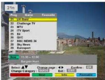 21n Prog Name Favourite 21 UK Gold 22 Challenge TV 23 MTV 24 ITV Sport 25 E4 26 QVC 27 BBC NEWS 24 28 Sky News 29 Eurosport Now 11:30 - 12:00 Bargain Hunt Select ▲▼ Change page ▶→ Confirm : OK Change Category : GUIDE Exit : Exit Next Info Favourite