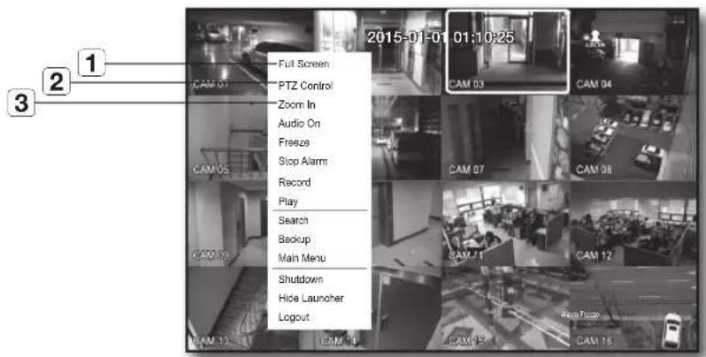 2015-01-01 01:10:25 Full Screen PTZ Control Zoom In Audio On Freeze Stop Alarm Record Play Search Backup Main Menu Shutdown Hide Launcher Logout