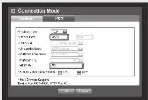 Connection Mode Interface Port • Protocol Type TCP • Device Port 4520 - 40% • UDP Port 8000 - 8160 • Unicast Multicast LDP/Unicast • Multicast IP Address 264726.631 • Multicast TTL 5 • HTTP Port 80 • Secure Video Transmission ON OFF * Multi Browser Support: Device Port 4505-4500, HTTP Port 80 OK Cancel