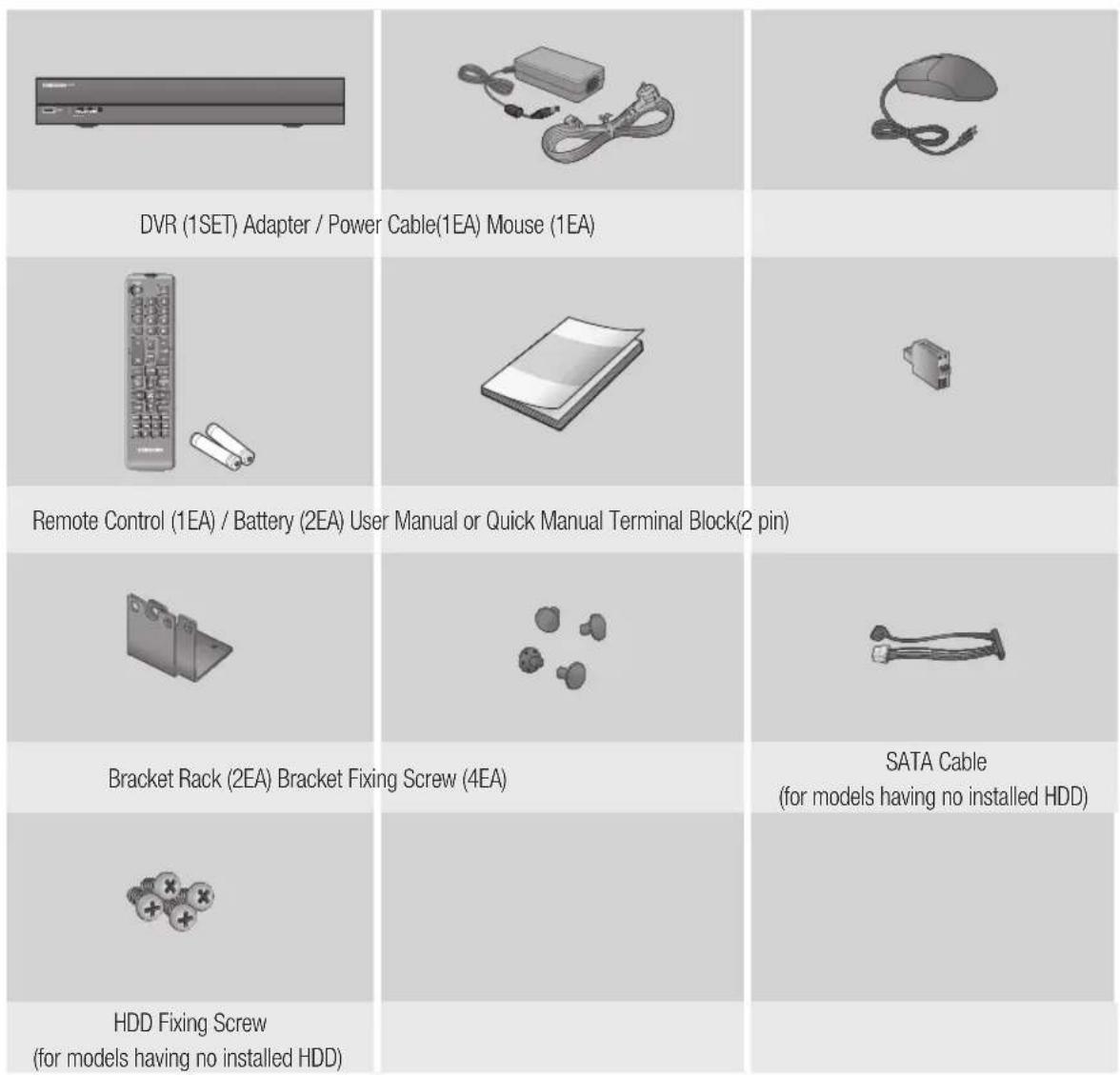 DVR (1SET) Adapter / Power Cable(1EA) Mouse (1EA) Remote Control (1EA) / Battery (2EA) User Manual or Quick Manual Terminal Block(2 pin) Bracket Rack (2EA) Bracket Fixing Screw (4EA) SATA Cable (for models having no installed HDD) HDD Fixing Screw (for models having no installed HDD)