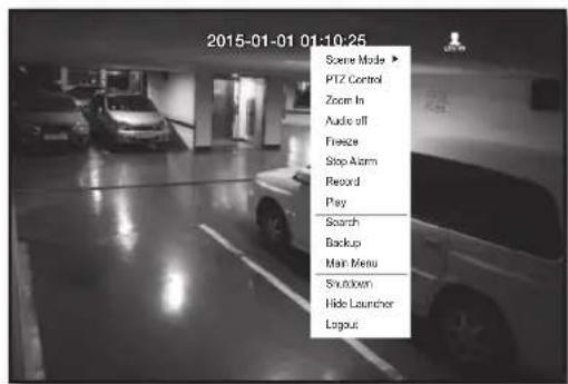 2015-01-01 01:10:25 Scene Mode ▶ PITZ Control Zoom In Audio off Freeze Stop Alarm Record Play Search Backup Main Menu Shutdown Hide Launcher Logout